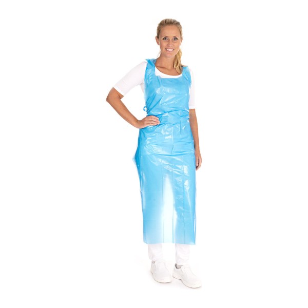 Latzschürze Hygostar LD-PE, blau, wasserabweisend, 0,033 mm, 140 × 75 cm – 500 Stück