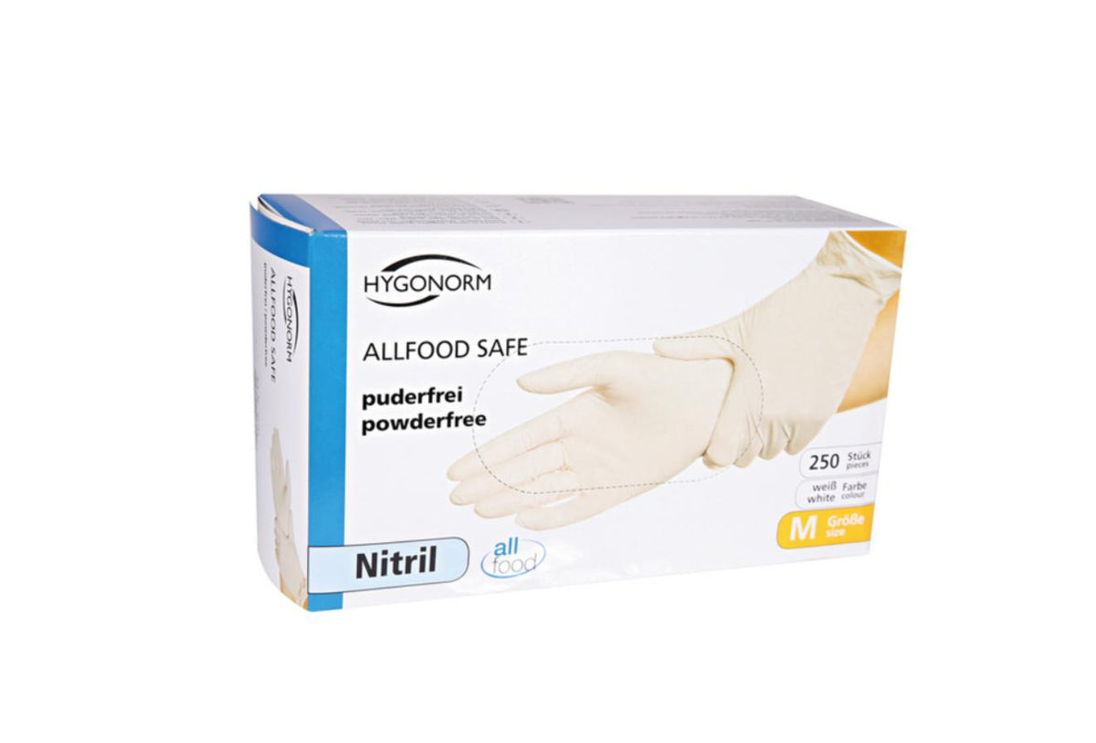 Nitril-Einweghandschuhe Hygonorm Allfood Safe, weiss, puderfrei, unsteril, Grösse L – 250 Stück