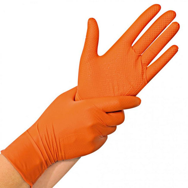 Nitril-Einweghandschuhe Hygostar Power Grip, orange, puderfrei, unsteril, 50 Stück, Grösse L