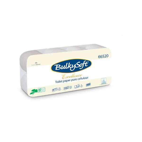 Bulkysoft Excellence Toilettenpapier Kleinrollen, 3-lagig, 250 Blatt, schnellauflösend, 9,5 × 11,5 cm, Blumenprägung – 72 Rollen