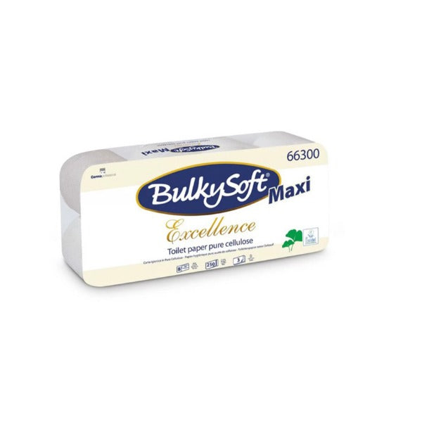 Bulkysoft Excellence Toilettenpapier Kleinrollen, 3-lagig, 250 Blatt, 9,5 × 13,2 cm, Wellenprägung – 72 Rollen