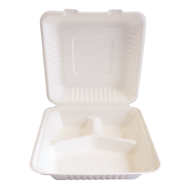 Menubox aus Bagasse, 3-teilig, weiss 23x23x8,5cm – 250 Stück