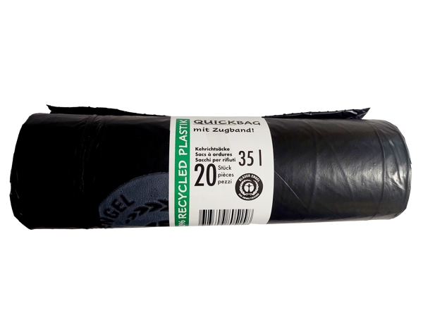 Kehrichtsäcke ECO mit Zugband ohne Abreissperforation, 35 l, LD-PE Recycling, schwarz, Rolle à 20 Säcke
