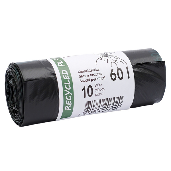 Kehrichtsäcke mit Verschlussband, 60 l, HD/LLD-PE Recycling, schwarz, Rolle à 10 Säcke