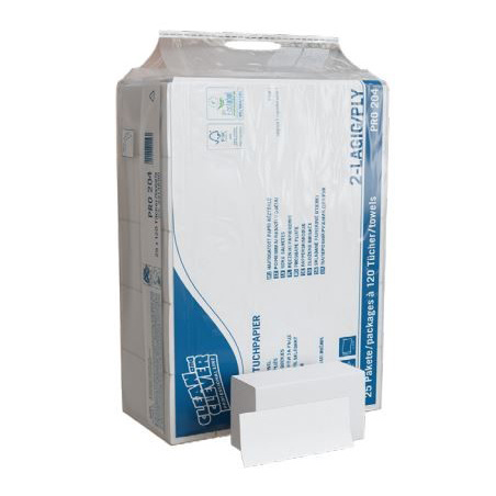 CLEAN and CLEVER Handtuch PRO 204, W-Falzung, Zellstoff, 2-lagig, weiss, 20,6 × 32 cm, 120 Blatt – 3000 Blatt
