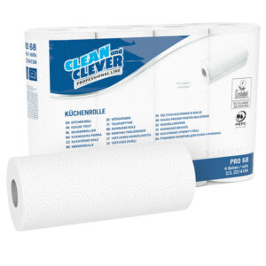 CLEAN and CLEVER Küchenrolle PRO 68, Zellstoff, 3-lagig, 64 Blatt, 26 × 23 cm, hochweiss – 32 Rollen